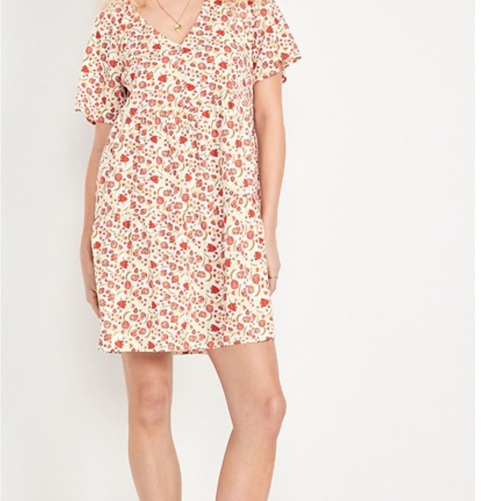 Floral V-Neck Dress - Cream and Red